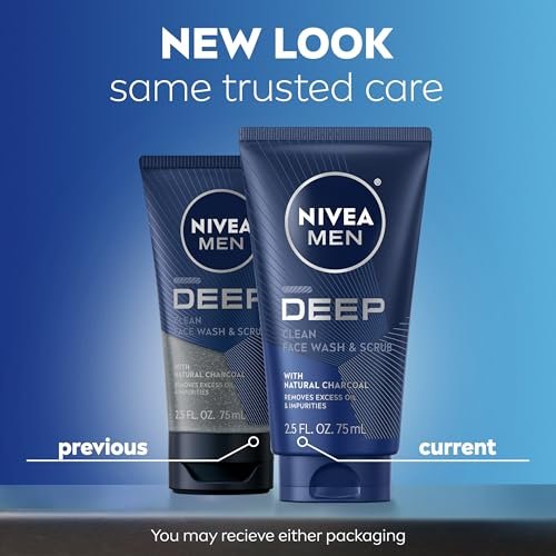 NIVEA MEN Deep Clean Face Wash and Scrub with Natural Charcoal, Exfoliating Face Wash for Men, Removes Excess Oil, Dirt and Impurities, Beard Friendly, 2.5 Fl Oz Tube (Pack of 3) Avelisse