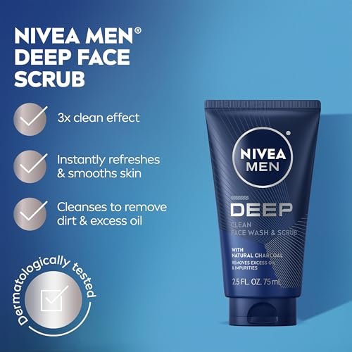 NIVEA MEN Deep Clean Face Wash and Scrub with Natural Charcoal, Exfoliating Face Wash for Men, Removes Excess Oil, Dirt and Impurities, Beard Friendly, 2.5 Fl Oz Tube (Pack of 3) Avelisse
