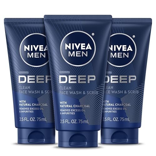 NIVEA MEN Deep Clean Face Wash and Scrub with Natural Charcoal, Exfoliating Face Wash for Men, Removes Excess Oil, Dirt and Impurities, Beard Friendly, 2.5 Fl Oz Tube (Pack of 3) Avelisse