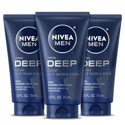 NIVEA MEN Deep Clean Face Wash and Scrub with Natural Charcoal, Exfoliating Face Wash for Men, Removes Excess Oil, Dirt and Impurities, Beard Friendly, 2.5 Fl Oz Tube (Pack of 3) Avelisse