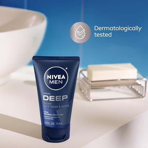 NIVEA MEN Deep Clean Face Wash and Scrub with Natural Charcoal, Exfoliating Face Wash for Men, Removes Excess Oil, Dirt and Impurities, Beard Friendly, 2.5 Fl Oz Tube (Pack of 3) Avelisse