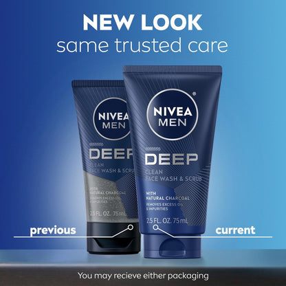 NIVEA MEN Deep Clean Face Wash and Scrub with Natural Charcoal, Exfoliating Face Wash for Men, Removes Excess Oil, Dirt and Impurities, Beard Friendly, 2.5 Fl Oz Tube (Pack of 3) Avelisse
