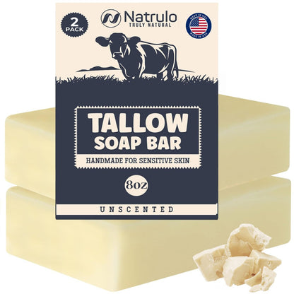 All Natural Grass Fed Beef Tallow Soap Bar – Unscented Moisturizing Face & Body Wash for Eczema, Dry, Itchy, Sensitive Skin – Handcrafted Bath Soap for Adults & Kids, Made in USA (4 oz, 2-Pack)