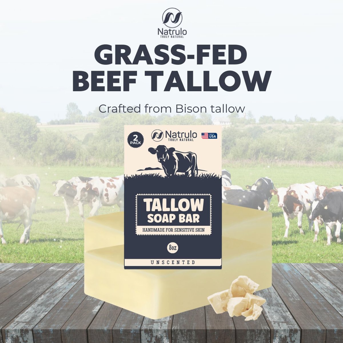 All Natural Grass Fed Beef Tallow Soap Bar – Unscented Moisturizing Face & Body Wash for Eczema, Dry, Itchy, Sensitive Skin – Handcrafted Bath Soap for Adults & Kids, Made in USA (4 oz, 2-Pack) - görsel 3
