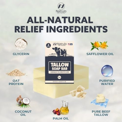 All Natural Grass Fed Beef Tallow Soap Bar – Unscented Moisturizing Face & Body Wash for Eczema, Dry, Itchy, Sensitive Skin – Handcrafted Bath Soap for Adults & Kids, Made in USA (4 oz, 2-Pack)