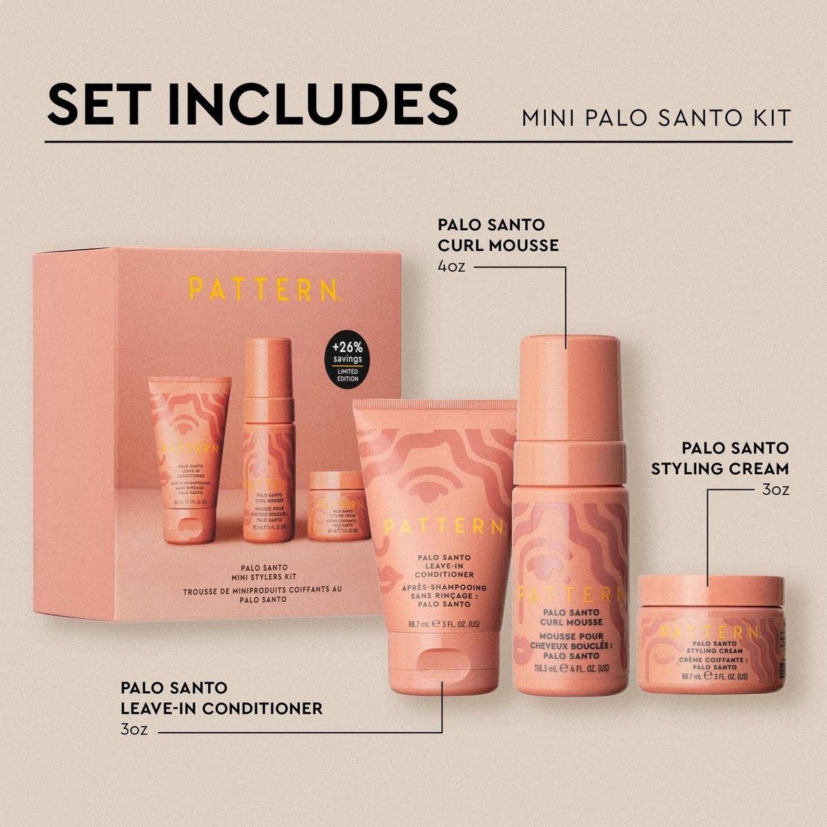 PATTERN Beauty by Tracee Ellis Ross Palo Santo Mini Kit - Travel Size Leave-In Conditioner, Curl Mousse & Styling Cream for Curly, Coily & Tight Textures Avelisse