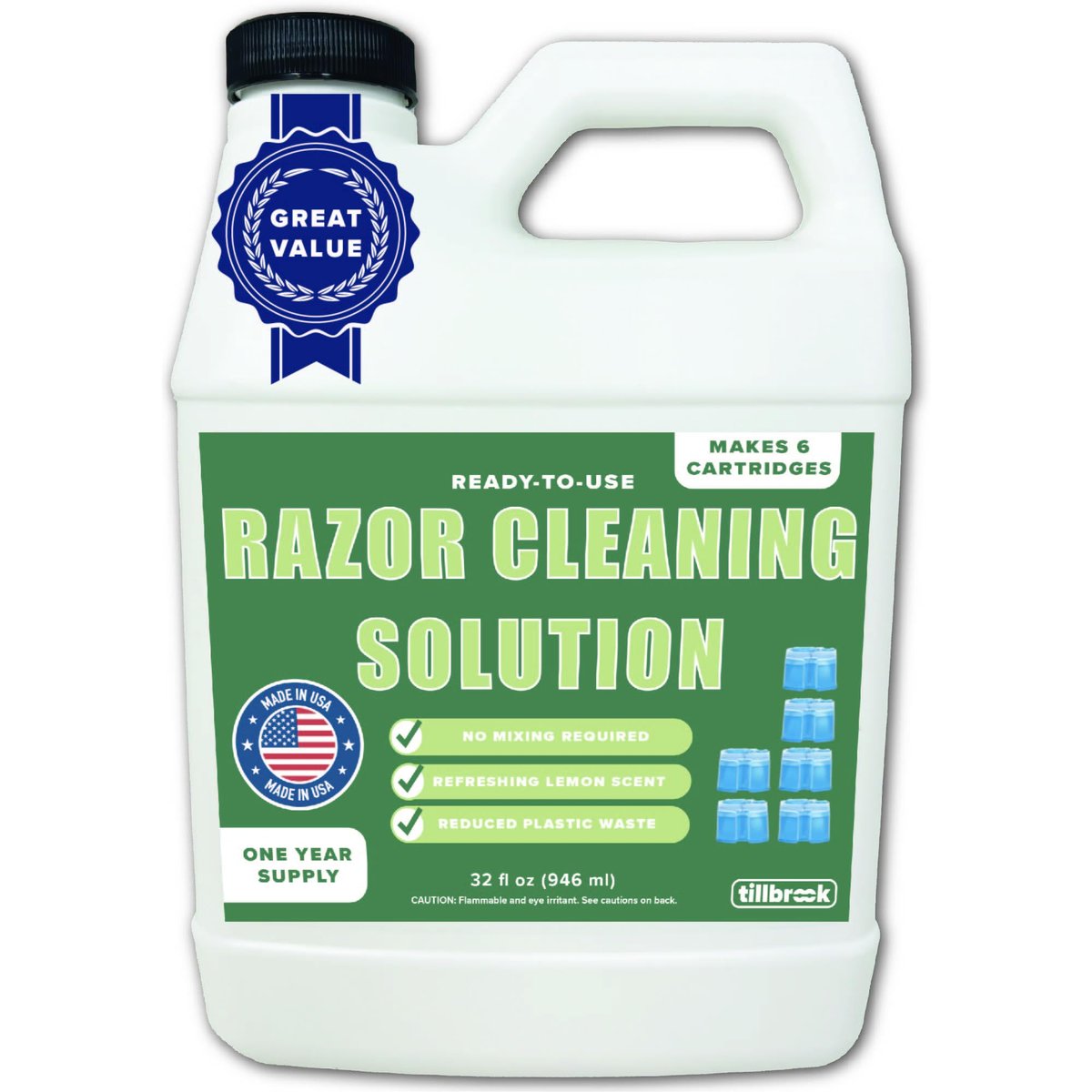 Tillbrook Electric Razor Cleaner - 1 Year Supply - 32 oz Shaver Cleaning Solution - Easy Refill for Braun Clean and Renew Cartridges - Ready to Use Formula for Electric Shavers Avelisse