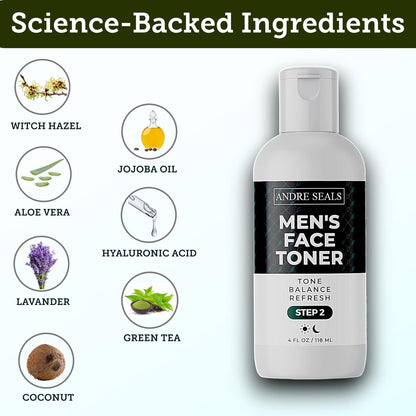 Andre Seals Face Toner for Men – Organic Witch Hazel, Hyaluronic Acid & Green Tea – Pore Minimizer, Hydrating Toner, Oil Control, Astringent & Face Tightener – 4 Fl Oz
