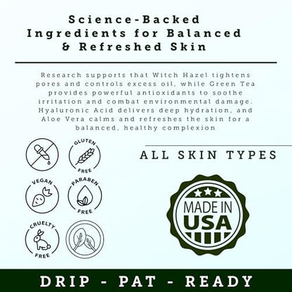 Andre Seals Face Toner for Men – Organic Witch Hazel, Hyaluronic Acid & Green Tea – Pore Minimizer, Hydrating Toner, Oil Control, Astringent & Face Tightener – 4 Fl Oz