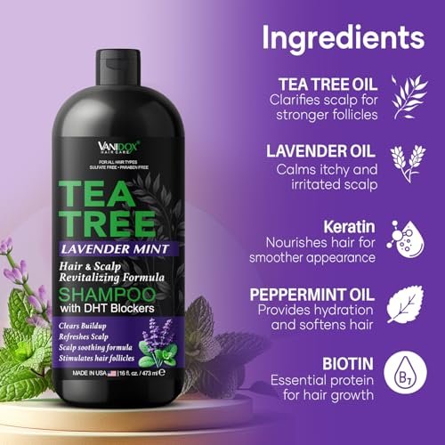 VANIDOX Tea Tree Oil Shampoo with Lavender & Mint - DHT Blocker Blend, Gently Cleanses Scalp, Helps Remove Buildup & Flakes, for Men & Women, Made in USA, 16 fl oz Avelisse