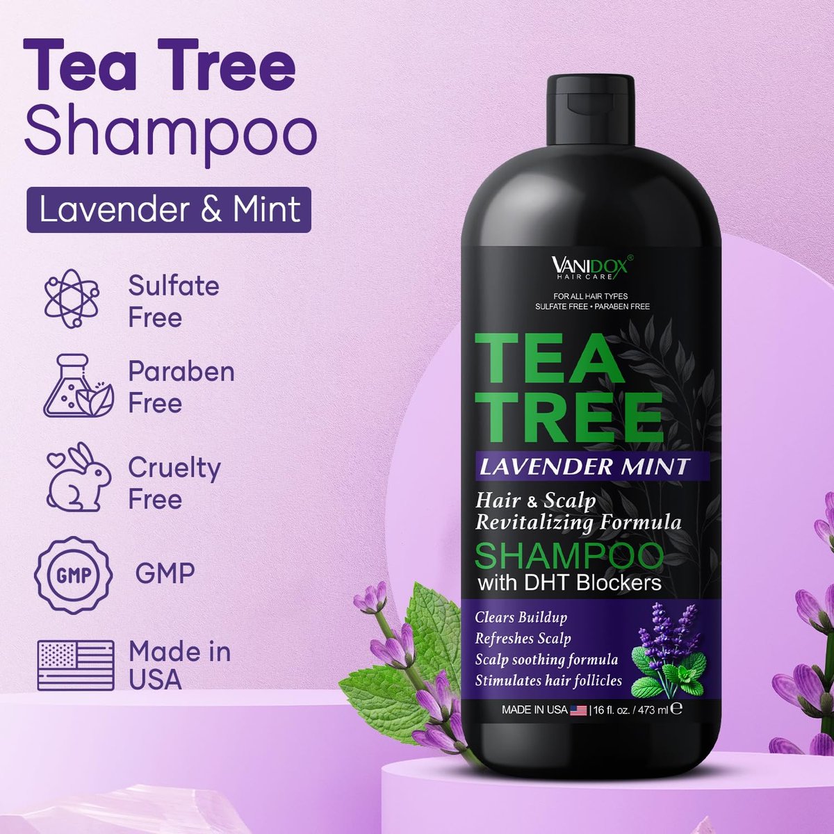 VANIDOX Tea Tree Oil Shampoo with Lavender & Mint - DHT Blocker Blend, Gently Cleanses Scalp, Helps Remove Buildup & Flakes, for Men & Women, Made in USA, 16 fl oz Avelisse