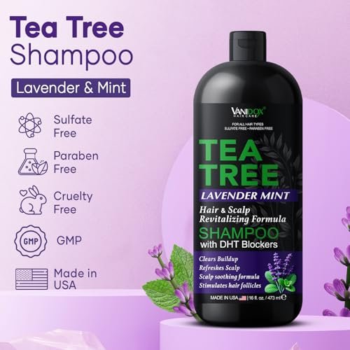 VANIDOX Tea Tree Oil Shampoo with Lavender & Mint - DHT Blocker Blend, Gently Cleanses Scalp, Helps Remove Buildup & Flakes, for Men & Women, Made in USA, 16 fl oz Avelisse