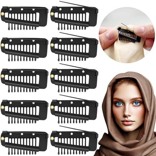 Jaasuee 10 Pcs Safety Pin Snap-Comb Hair Clips - Secure Dupatta, Turban, Scarf, Wedding Veil & Wig Piece - Black Silicone Headscarf Clips with Teeth for Reliable Hold - görsel 2