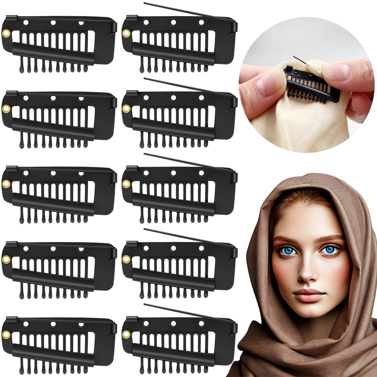 Jaasuee 10 Pcs Safety Pin Snap-Comb Hair Clips - Secure Dupatta, Turban, Scarf, Wedding Veil & Wig Piece - Black Silicone Headscarf Clips with Teeth for Reliable Hold - görsel 1