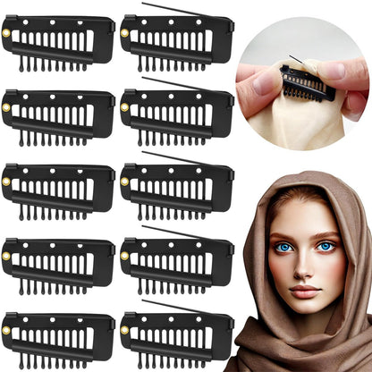Jaasuee 10 Pcs Safety Pin Snap-Comb Hair Clips - Secure Dupatta, Turban, Scarf, Wedding Veil & Wig Piece - Black Silicone Headscarf Clips with Teeth for Reliable Hold