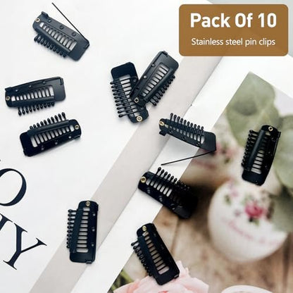 Jaasuee 10 Pcs Safety Pin Snap-Comb Hair Clips - Secure Dupatta, Turban, Scarf, Wedding Veil & Wig Piece - Black Silicone Headscarf Clips with Teeth for Reliable Hold