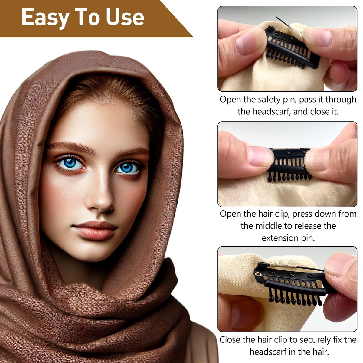 Jaasuee 10 Pcs Safety Pin Snap-Comb Hair Clips - Secure Dupatta, Turban, Scarf, Wedding Veil & Wig Piece - Black Silicone Headscarf Clips with Teeth for Reliable Hold - görsel 5