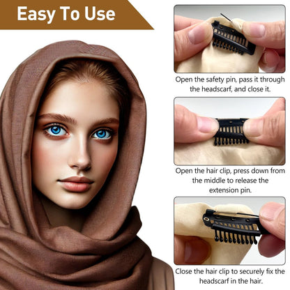 Jaasuee 10 Pcs Safety Pin Snap-Comb Hair Clips - Secure Dupatta, Turban, Scarf, Wedding Veil & Wig Piece - Black Silicone Headscarf Clips with Teeth for Reliable Hold