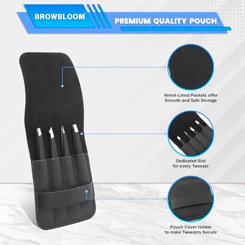 BROWBLOOM 4-Piece Professional Tweezer Set – Black Stainless Steel Precision Tweezers for Eyebrows, Ingrown Hair, and Facial Hair with Carrying Pouch - görsel 4