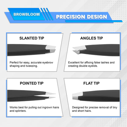 BROWBLOOM 4-Piece Professional Tweezer Set – Black Stainless Steel Precision Tweezers for Eyebrows, Ingrown Hair, and Facial Hair with Carrying Pouch