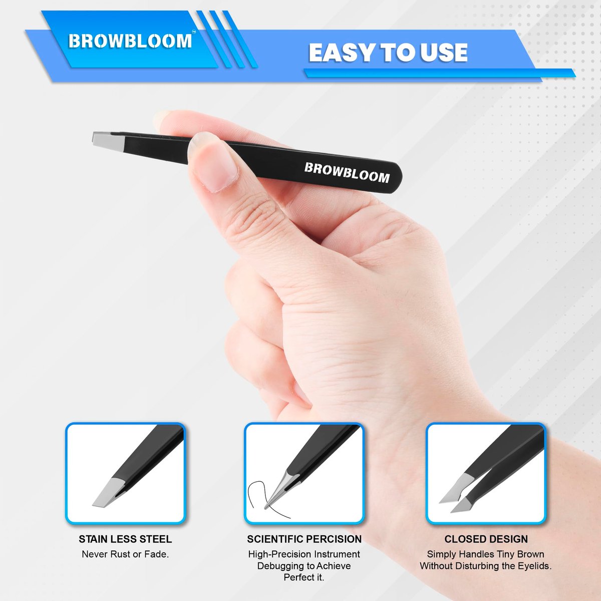 BROWBLOOM 4-Piece Professional Tweezer Set – Black Stainless Steel Precision Tweezers for Eyebrows, Ingrown Hair, and Facial Hair with Carrying Pouch - görsel 9