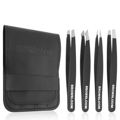 BROWBLOOM 4-Piece Professional Tweezer Set – Black Stainless Steel Precision Tweezers for Eyebrows, Ingrown Hair, and Facial Hair with Carrying Pouch