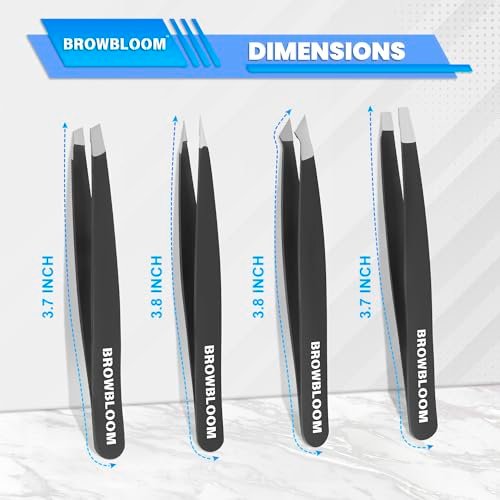 BROWBLOOM 4-Piece Professional Tweezer Set – Black Stainless Steel Precision Tweezers for Eyebrows, Ingrown Hair, and Facial Hair with Carrying Pouch - görsel 8