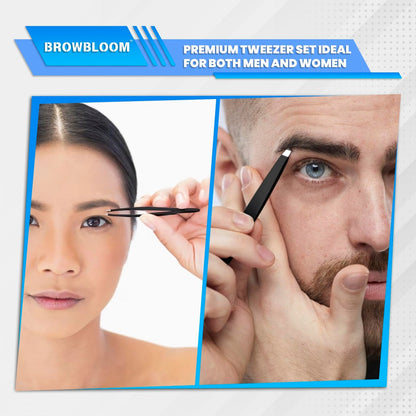 BROWBLOOM 4-Piece Professional Tweezer Set – Black Stainless Steel Precision Tweezers for Eyebrows, Ingrown Hair, and Facial Hair with Carrying Pouch