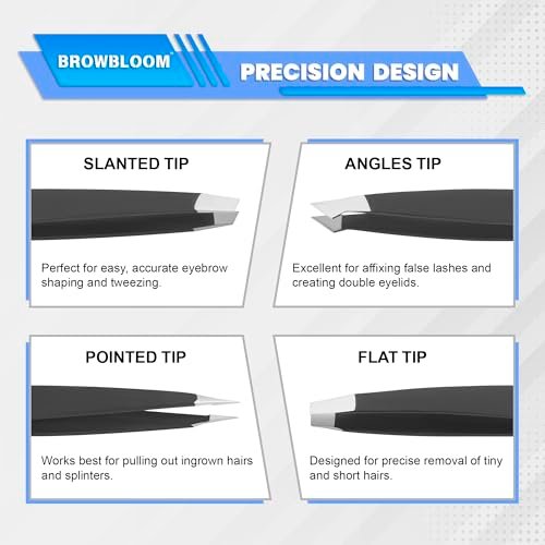 BROWBLOOM 4-Piece Professional Tweezer Set – Black Stainless Steel Precision Tweezers for Eyebrows, Ingrown Hair, and Facial Hair with Carrying Pouch - görsel 6