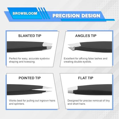 BROWBLOOM 4-Piece Professional Tweezer Set – Black Stainless Steel Precision Tweezers for Eyebrows, Ingrown Hair, and Facial Hair with Carrying Pouch