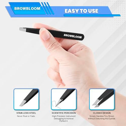 BROWBLOOM 4-Piece Professional Tweezer Set – Black Stainless Steel Precision Tweezers for Eyebrows, Ingrown Hair, and Facial Hair with Carrying Pouch