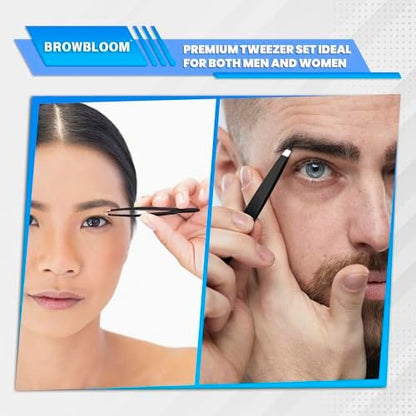 BROWBLOOM 4-Piece Professional Tweezer Set – Black Stainless Steel Precision Tweezers for Eyebrows, Ingrown Hair, and Facial Hair with Carrying Pouch