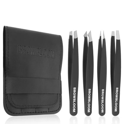 BROWBLOOM 4-Piece Professional Tweezer Set – Black Stainless Steel Precision Tweezers for Eyebrows, Ingrown Hair, and Facial Hair with Carrying Pouch