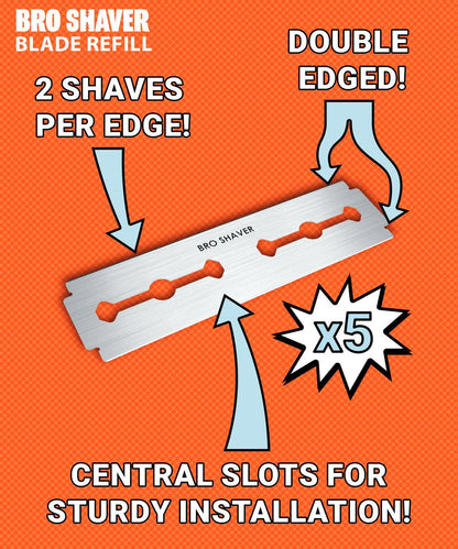BroShaver Double-Edge Back Hair Shaver Razor Blades - Extra Long Blade Refill Compatible with BroShaver 3.0 & 2.2 (5 Count, Metallic)