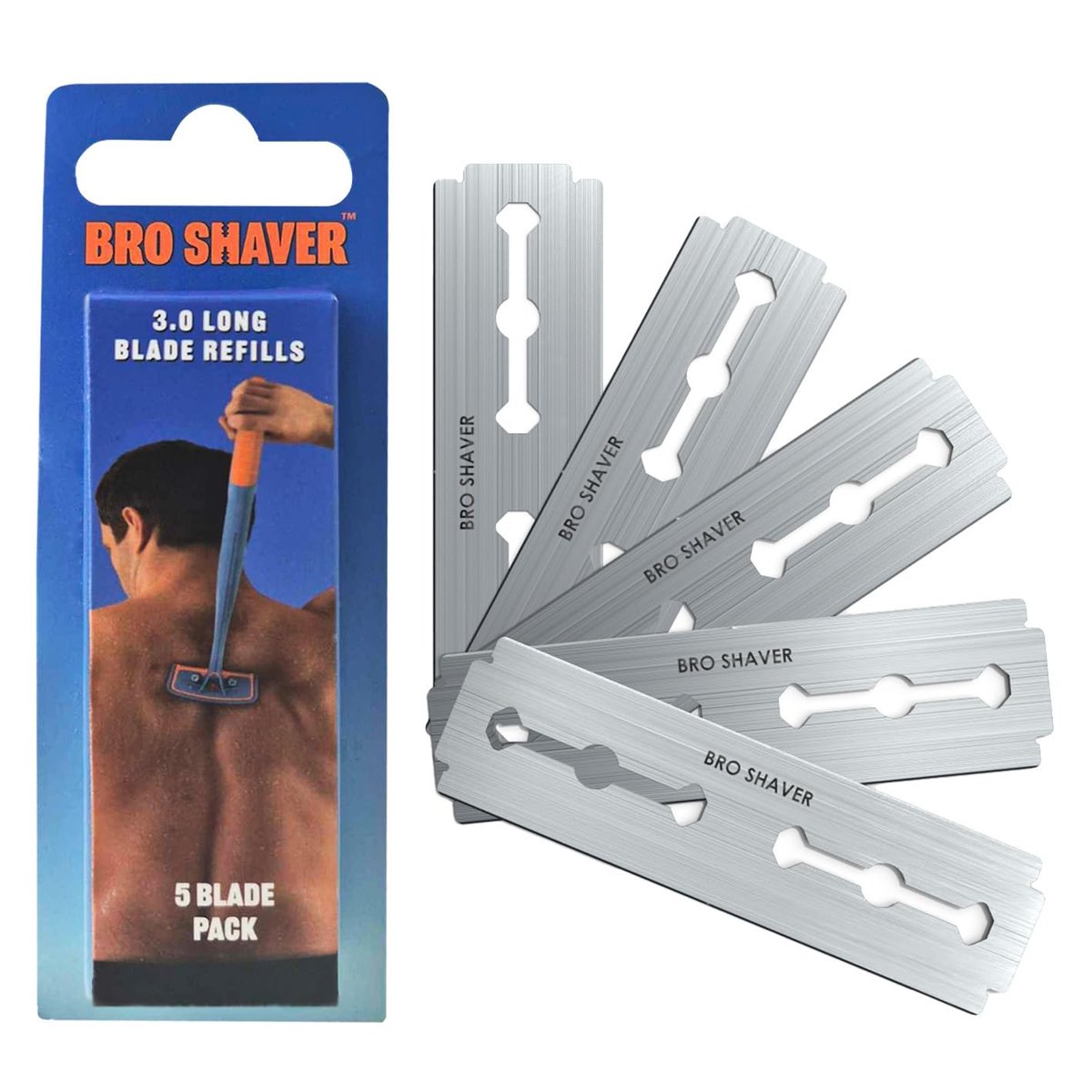 BroShaver Double-Edge Back Hair Shaver Razor Blades - Extra Long Blade Refill Compatible with BroShaver 3.0 & 2.2 (5 Count, Metallic) - görsel 1