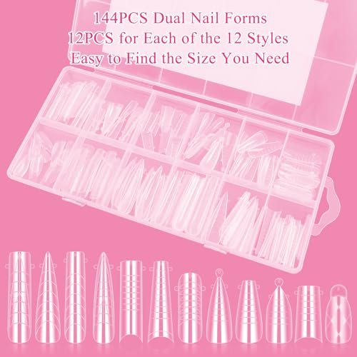 144-Piece Nail Dual Forms for Poly Gel Set – 12 Styles 12 Sizes Full Cover False Nail Tips with Nail Clips, Brush, Files & Cuticle Trimmer by BOMOQING - görsel 12