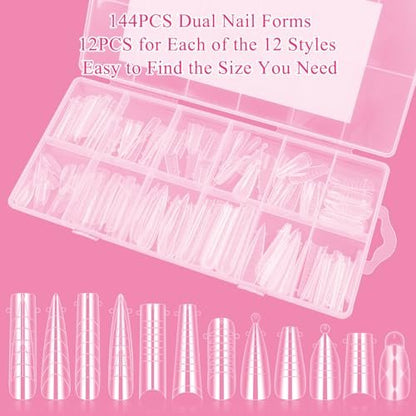 144-Piece Nail Dual Forms for Poly Gel Set – 12 Styles 12 Sizes Full Cover False Nail Tips with Nail Clips, Brush, Files & Cuticle Trimmer by BOMOQING