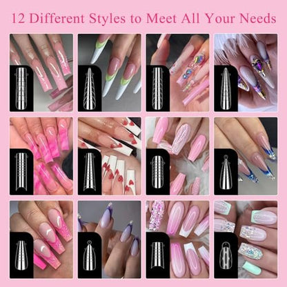 144-Piece Nail Dual Forms for Poly Gel Set – 12 Styles 12 Sizes Full Cover False Nail Tips with Nail Clips, Brush, Files & Cuticle Trimmer by BOMOQING