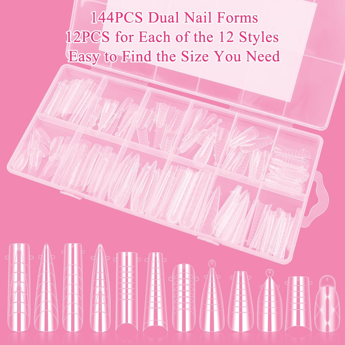 144-Piece Nail Dual Forms for Poly Gel Set – 12 Styles 12 Sizes Full Cover False Nail Tips with Nail Clips, Brush, Files & Cuticle Trimmer by BOMOQING - görsel 11