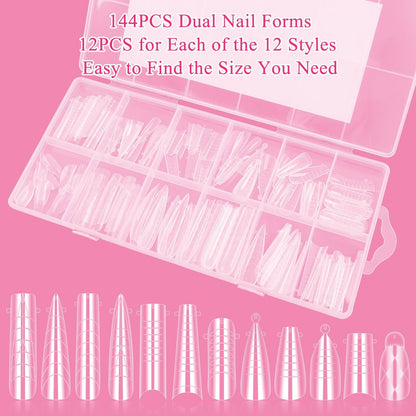 144-Piece Nail Dual Forms for Poly Gel Set – 12 Styles 12 Sizes Full Cover False Nail Tips with Nail Clips, Brush, Files & Cuticle Trimmer by BOMOQING