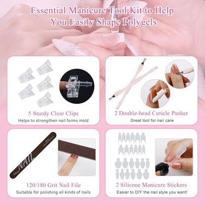 144-Piece Nail Dual Forms for Poly Gel Set – 12 Styles 12 Sizes Full Cover False Nail Tips with Nail Clips, Brush, Files & Cuticle Trimmer by BOMOQING