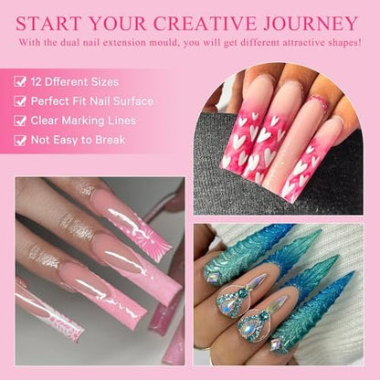 144-Piece Nail Dual Forms for Poly Gel Set – 12 Styles 12 Sizes Full Cover False Nail Tips with Nail Clips, Brush, Files & Cuticle Trimmer by BOMOQING