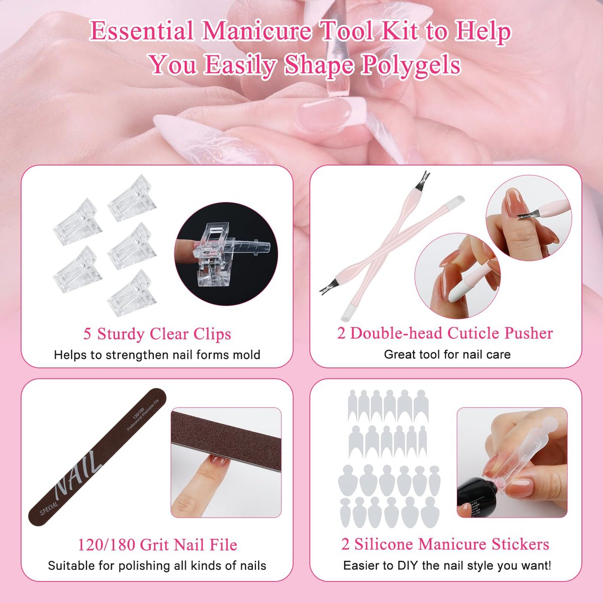 144-Piece Nail Dual Forms for Poly Gel Set – 12 Styles 12 Sizes Full Cover False Nail Tips with Nail Clips, Brush, Files & Cuticle Trimmer by BOMOQING - görsel 9