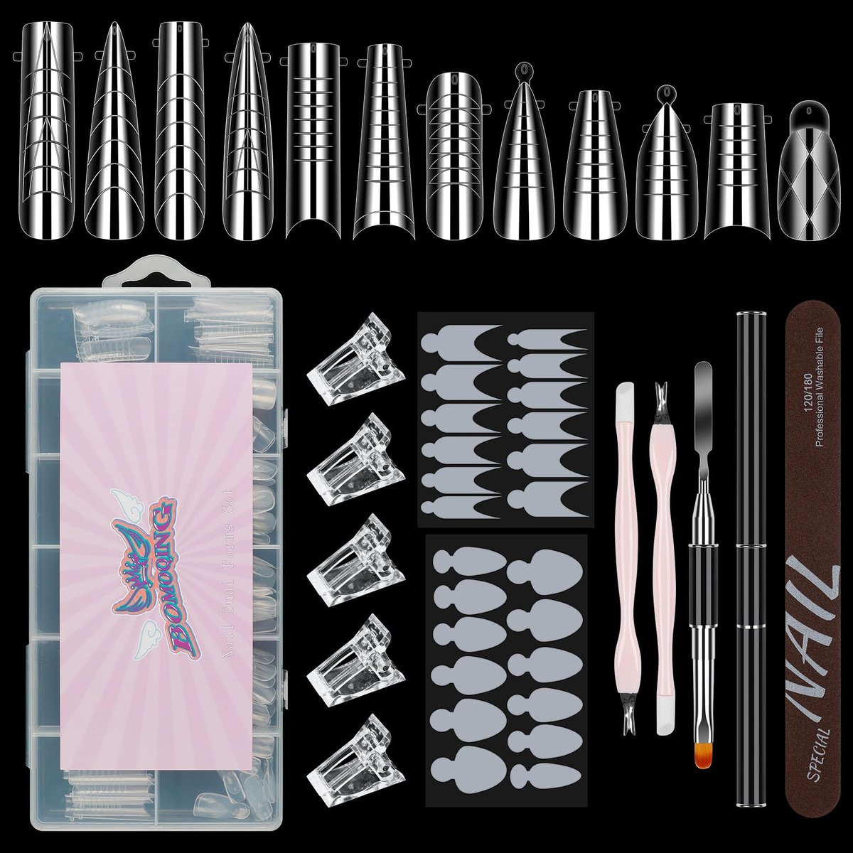 144-Piece Nail Dual Forms for Poly Gel Set – 12 Styles 12 Sizes Full Cover False Nail Tips with Nail Clips, Brush, Files & Cuticle Trimmer by BOMOQING - görsel 1