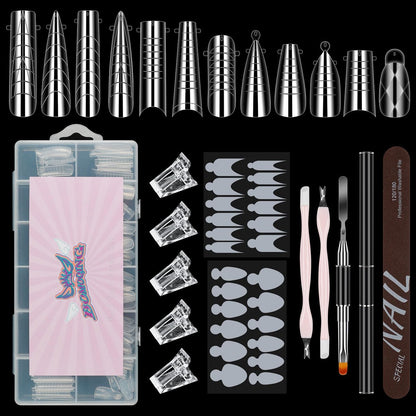 144-Piece Nail Dual Forms for Poly Gel Set – 12 Styles 12 Sizes Full Cover False Nail Tips with Nail Clips, Brush, Files & Cuticle Trimmer by BOMOQING