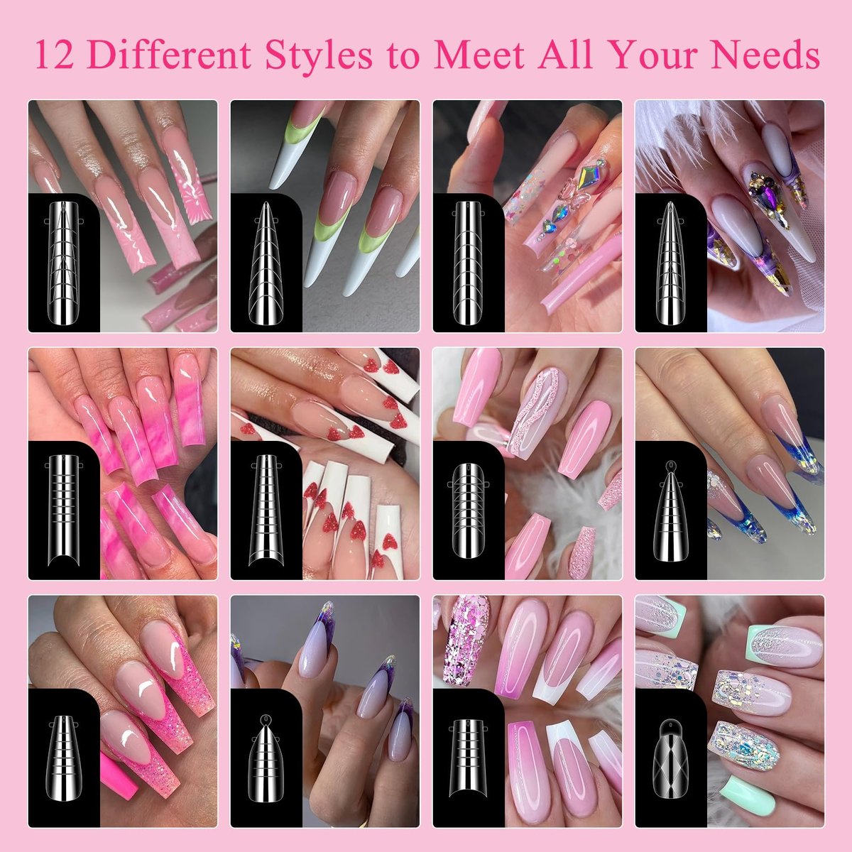 144-Piece Nail Dual Forms for Poly Gel Set – 12 Styles 12 Sizes Full Cover False Nail Tips with Nail Clips, Brush, Files & Cuticle Trimmer by BOMOQING - görsel 5