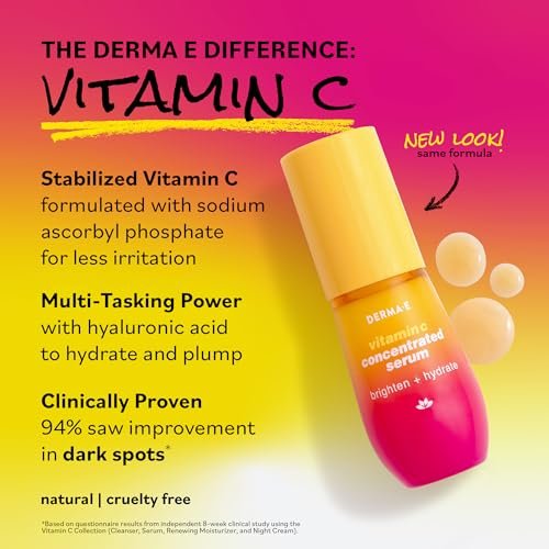 DERMA E Vitamin C Concentrated Serum with Hyaluronic Acid & Vitamin E – Antioxidant-Rich Firming & Brightening Facial Serum, 1 oz Avelisse