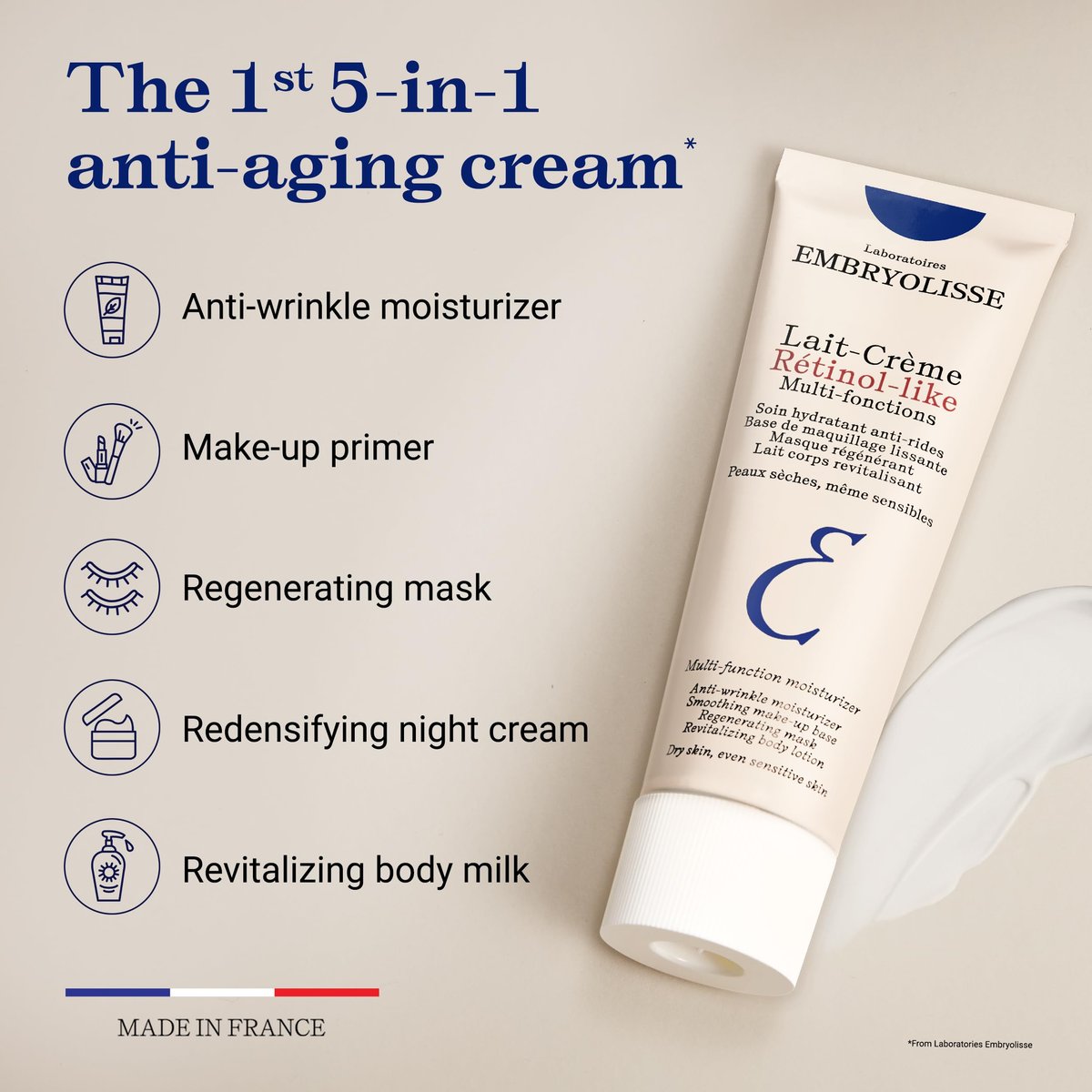 Embryolisse Lait-Crème Retinol Alternative Anti-Aging Face Moisturizer & Makeup Primer - Reduces Fine Lines & Wrinkles, 2.54 Fl Oz Avelisse