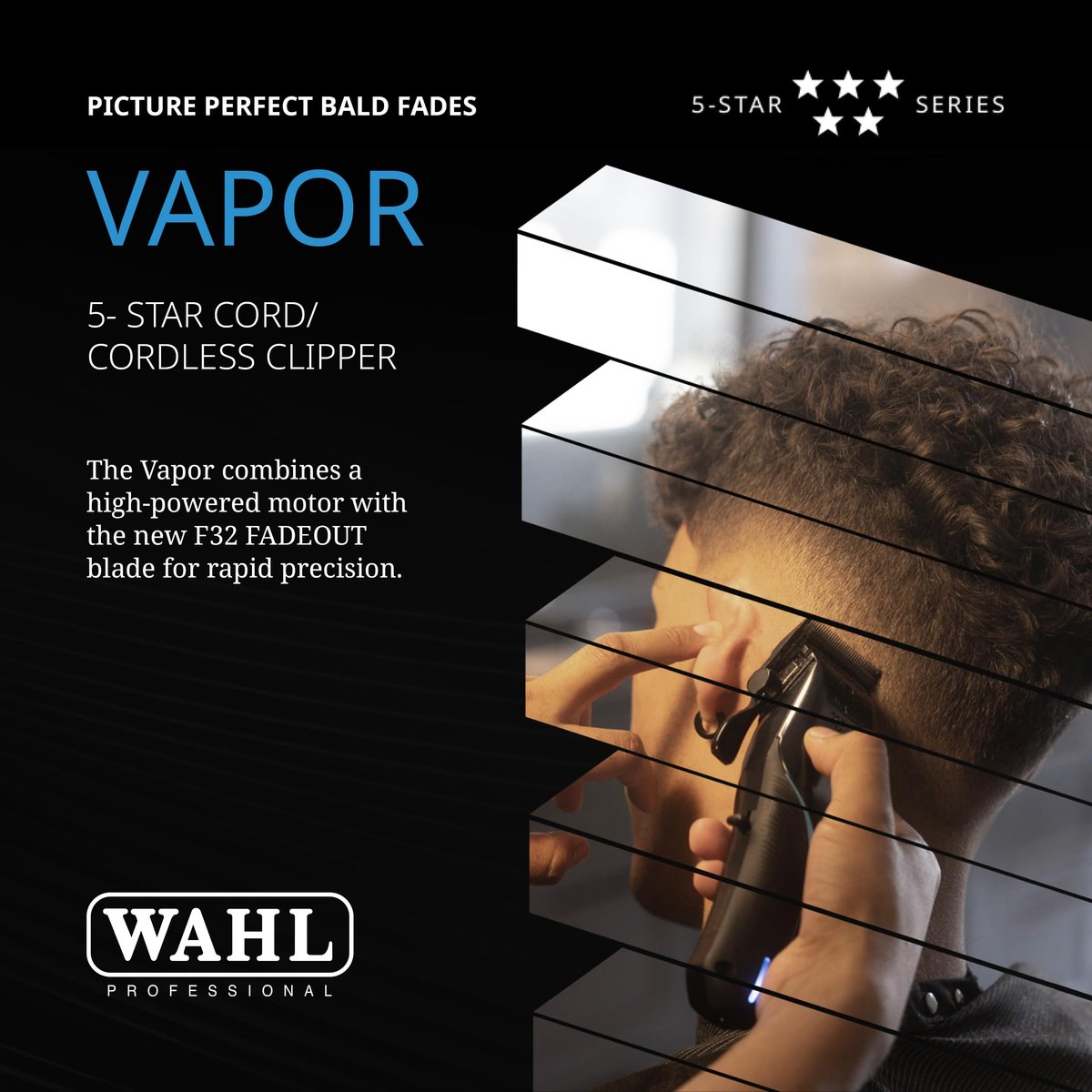 Wahl Professional 5-Star Vapor Clipper with F32 Fadeout Adjustable Balding Blade – Cord/Cordless, Adaptable Speed Control Avelisse
