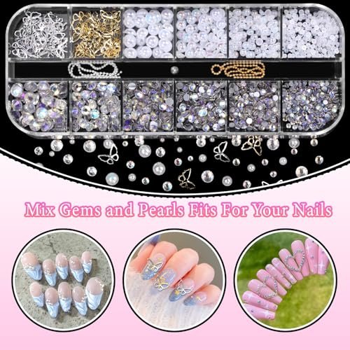 3D Assorted Nail Charms Gems - Bow, Butterfly, Flower, Pearl & Rhinestone DIY Nail Art Accessories | Pink Mixed Set - görsel 10